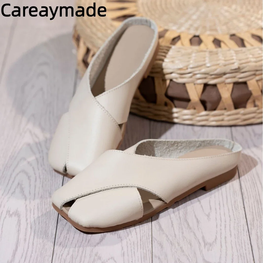 Careaymade-Genuine Leather pure handmade Summer Slippers Cowhide Comfortable Square Head Soft Sole Soft Face Casual Slippers