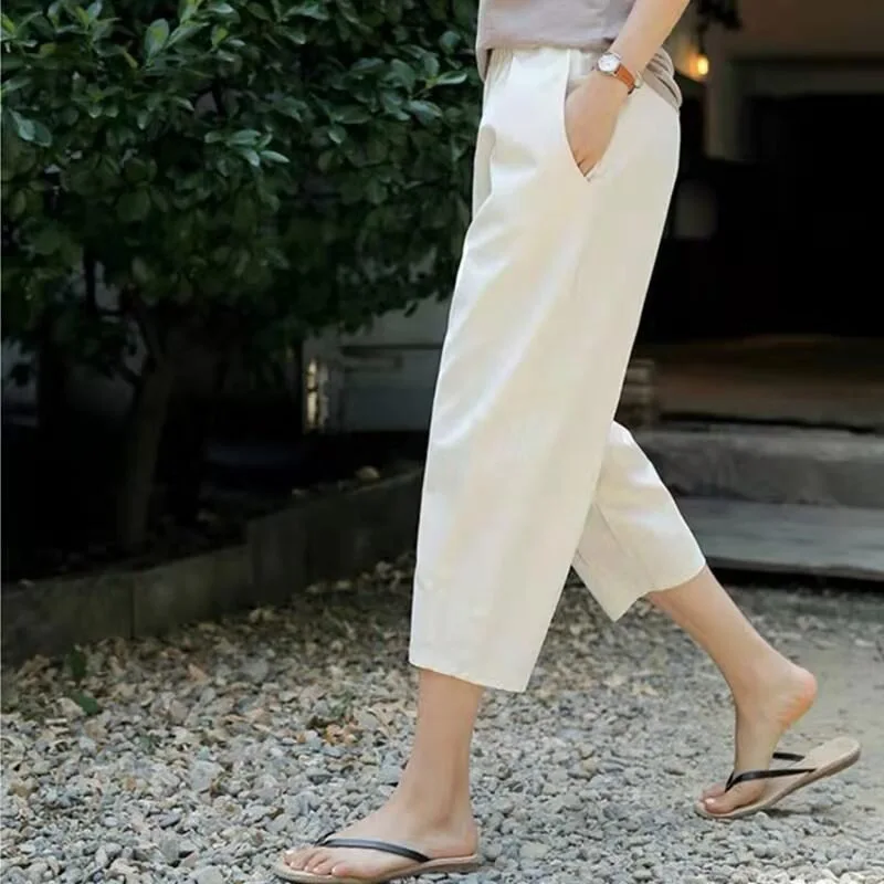 

Women Cropped Pants Pleating Pant Holiday Casual Loose Solid Color Trousers 2024 Summer Female Pantalones