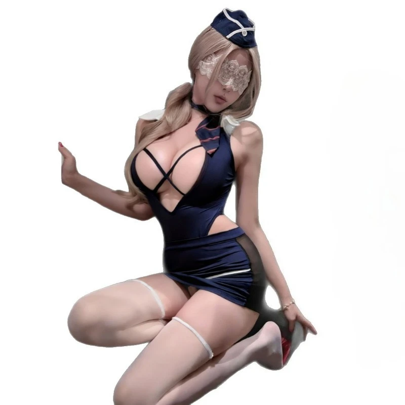

Sexy Lingerie Air Stewardess Uniform Cosplay Costumes Hollow See Through Bodysuit and Skirt Set Roleplay Outfits Bodycon Pajamas