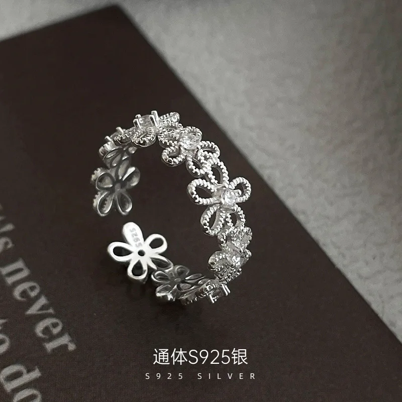 

GL S925 Silver Luxury Lace Openwork Flower Ring for Women, Ins-style Influencer's Same Model Versatile Open Finger Ring