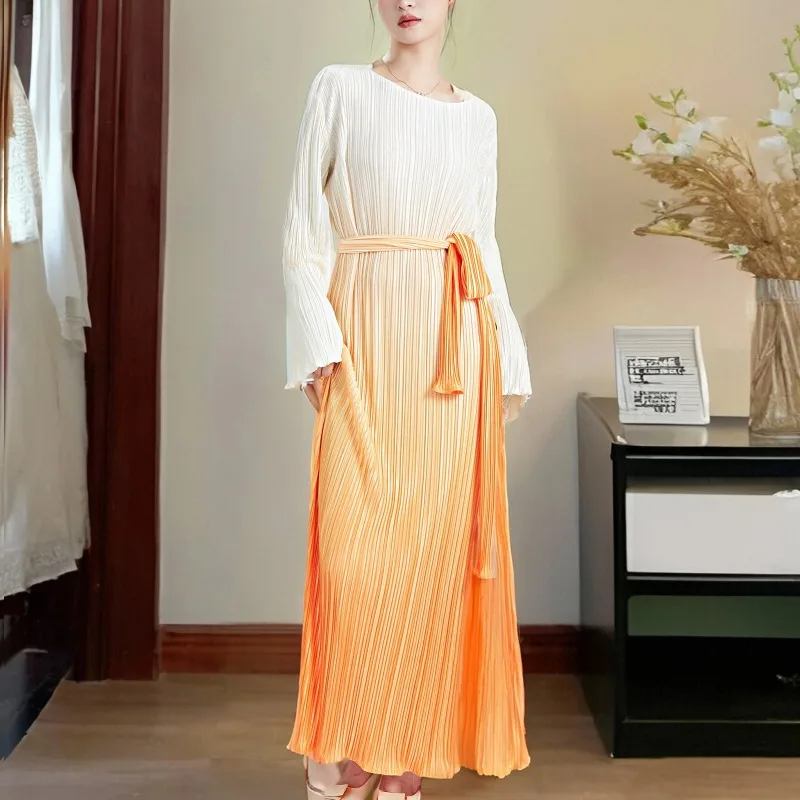 SMVP 여성용 원피스 라운드넥 플레어 슬리브, 그라데이션 컬러, 레이스업 디자인, 루즈한 대형 마당, 캐주얼 이브닝 파티 드레스, 패션