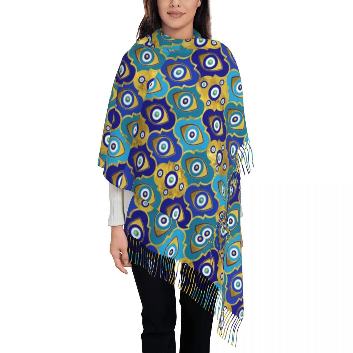 

Blue Evil Eye Print Scarf Nazar Charm Warm Soft Shawl Wraps with Tassel Unisex y2k Funny Scarves Wraps Winter Designer Foulard