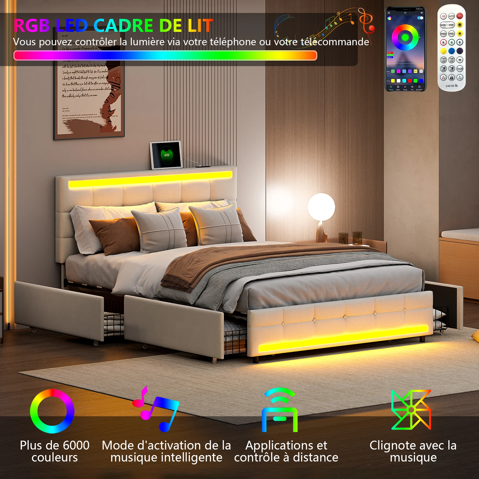 Upholstered Double Bed 140 x 200cm with USB Charging Function and LED Headboard and 4 Drawers,with Slatted Base,Without Mattress