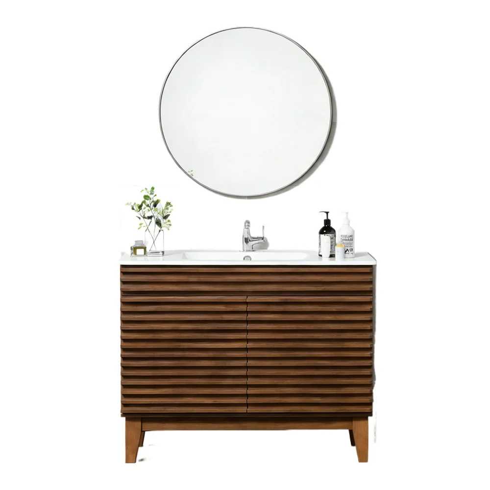 48 Inch Modern Bathroom Vanity with Sink Walnut Finish Freestanding Bathroom Cabinet Round Mirror Slatted Doors Storage Cabinet