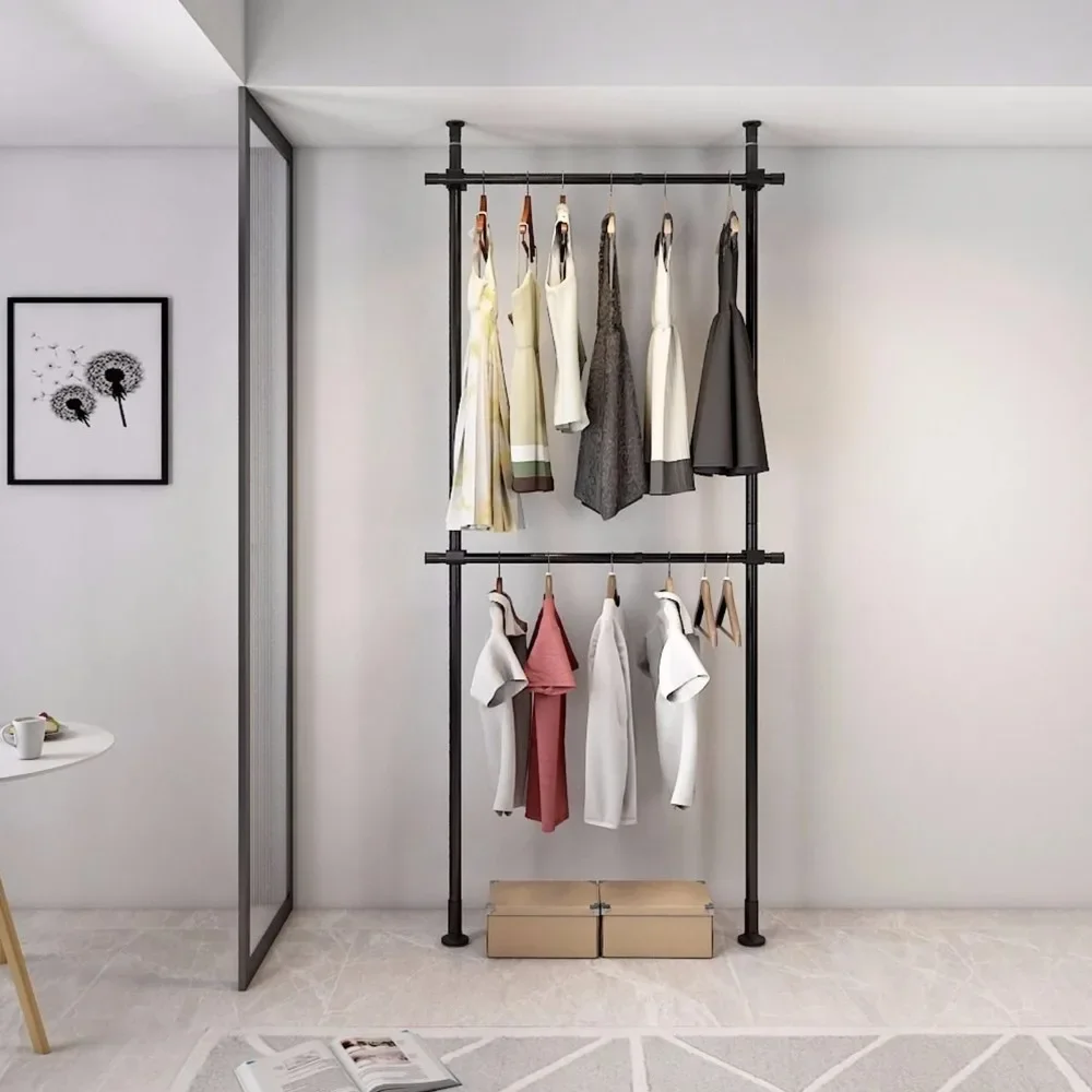 2 Tier Heavy Duty Garment Rack, Freestanding Adjustable Clothes Organizer with Feet for Laundry & Storage