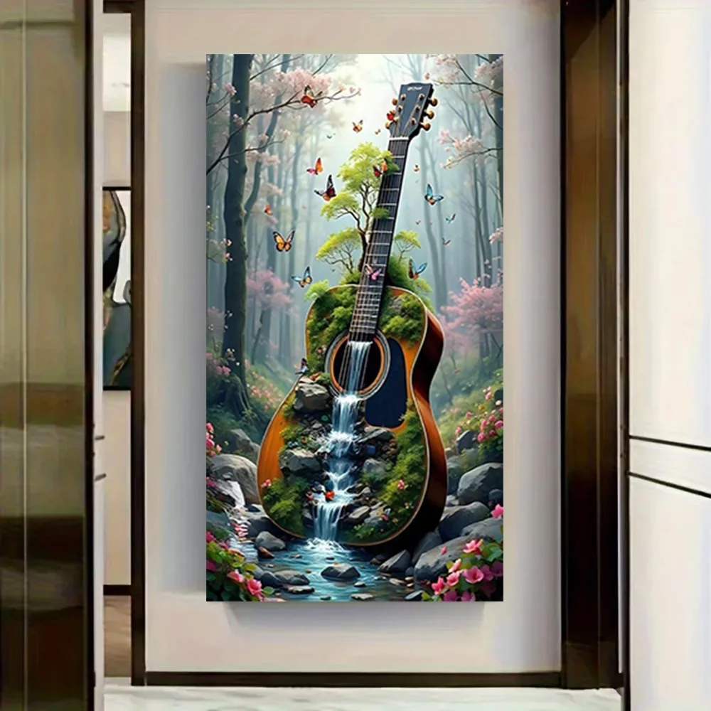 Forest Butterfly 5D Diamond Painting Kit for Adults,Stream Guitar Landscape,Full Drill Diamond Art, DIY Mosaic Cross Stitch,