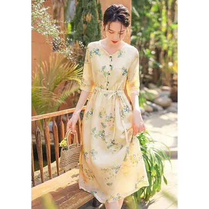 Ele marchio giapponese artistico a cinque quarti Sve stampato ingombrante in vita estivo Midi Dr coreano Sle vita ampia