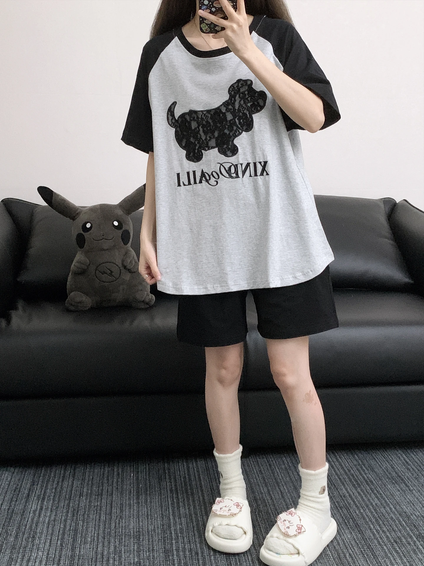 

Серые хлопковые пижамы с круглым вырезом и короткими рукавами для пар, милые мультяшные комплекты домашней одежды для молодежи, мужчин и женщин, летние