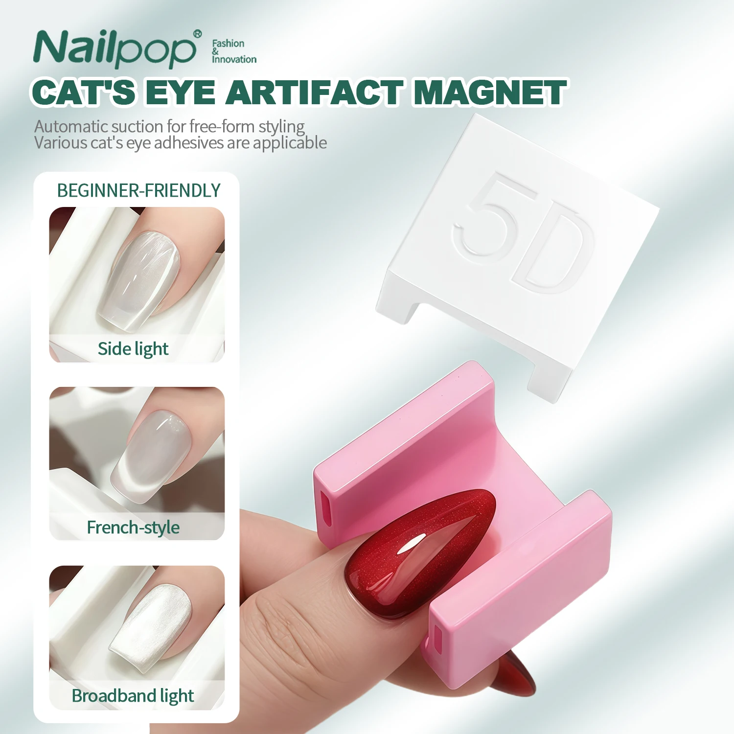 Nailpop القط العين المغناطيس المبتدئين ودية ل الفرنسية واسعة الجانب الضيق القط العين مسمار تصميم المهنية مسمار الفن 1 قطعة الوردي/الأبيض