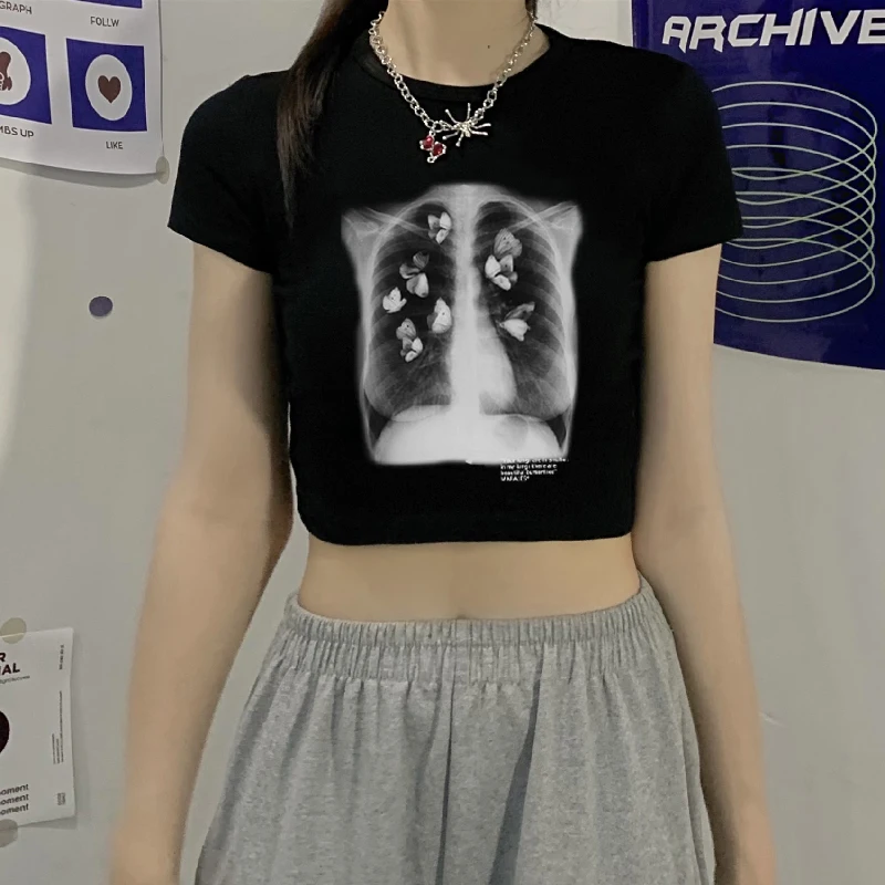 

Y2K Top Tee Punk Одежда Футболки с короткими рукавами Ulzzang Корейская футболка Готический стиль Укороченный топ Harajuku Графическая футболка для женщин