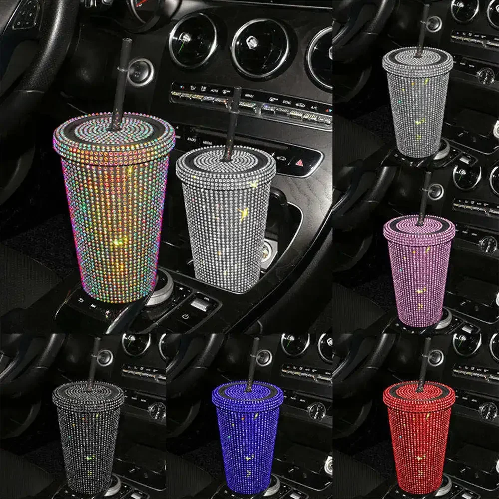 Rhinestone Diamond Car Water Bottle with Lid Stainless Steel Vacuum Thermal Straw Tumbler Pink Car Accessories for Women