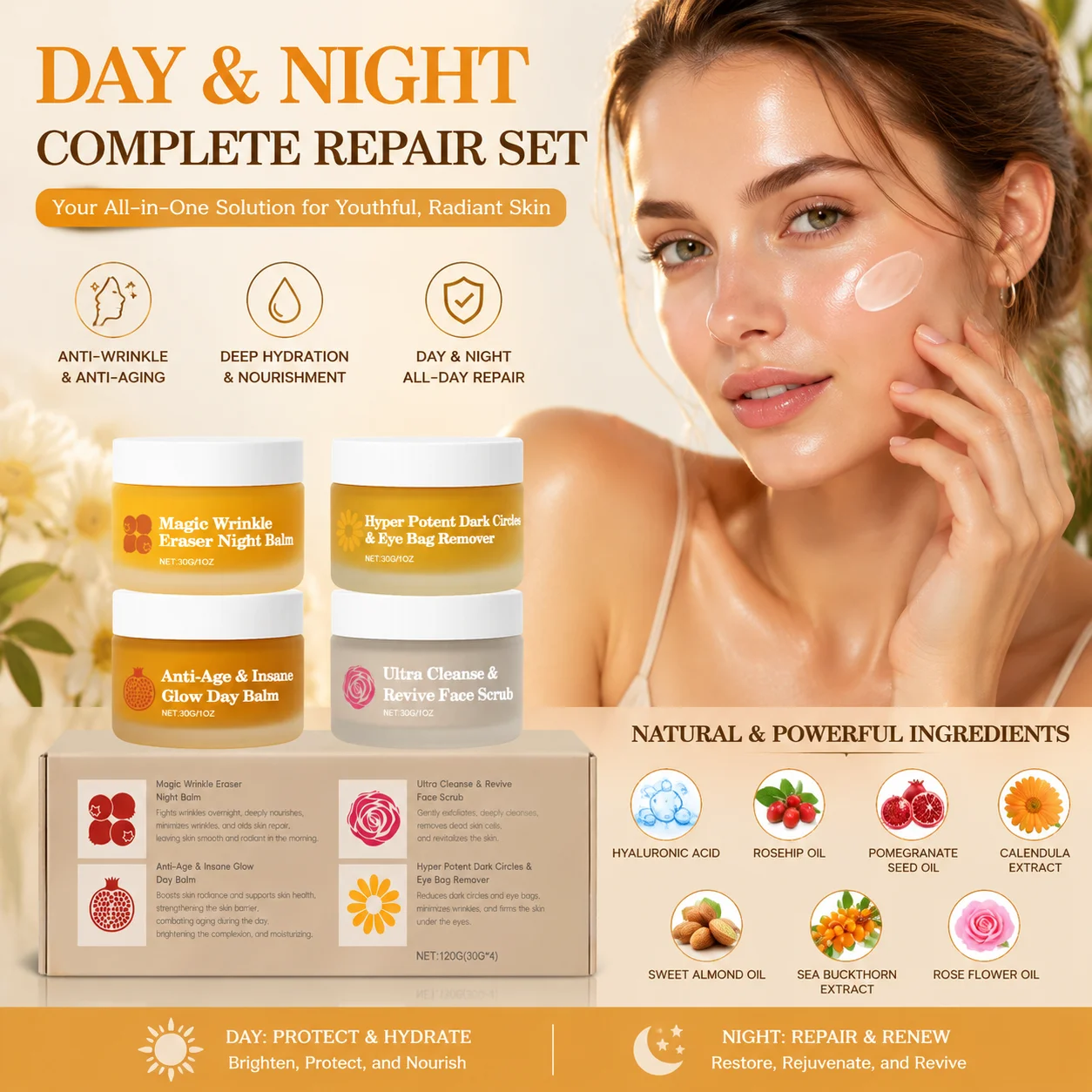Day and Night Cream Rose Oil Firm Skin Elasticity Improved Under Eye Bag Remover Deep Hydration Face Cream with Hyaluronic Acid