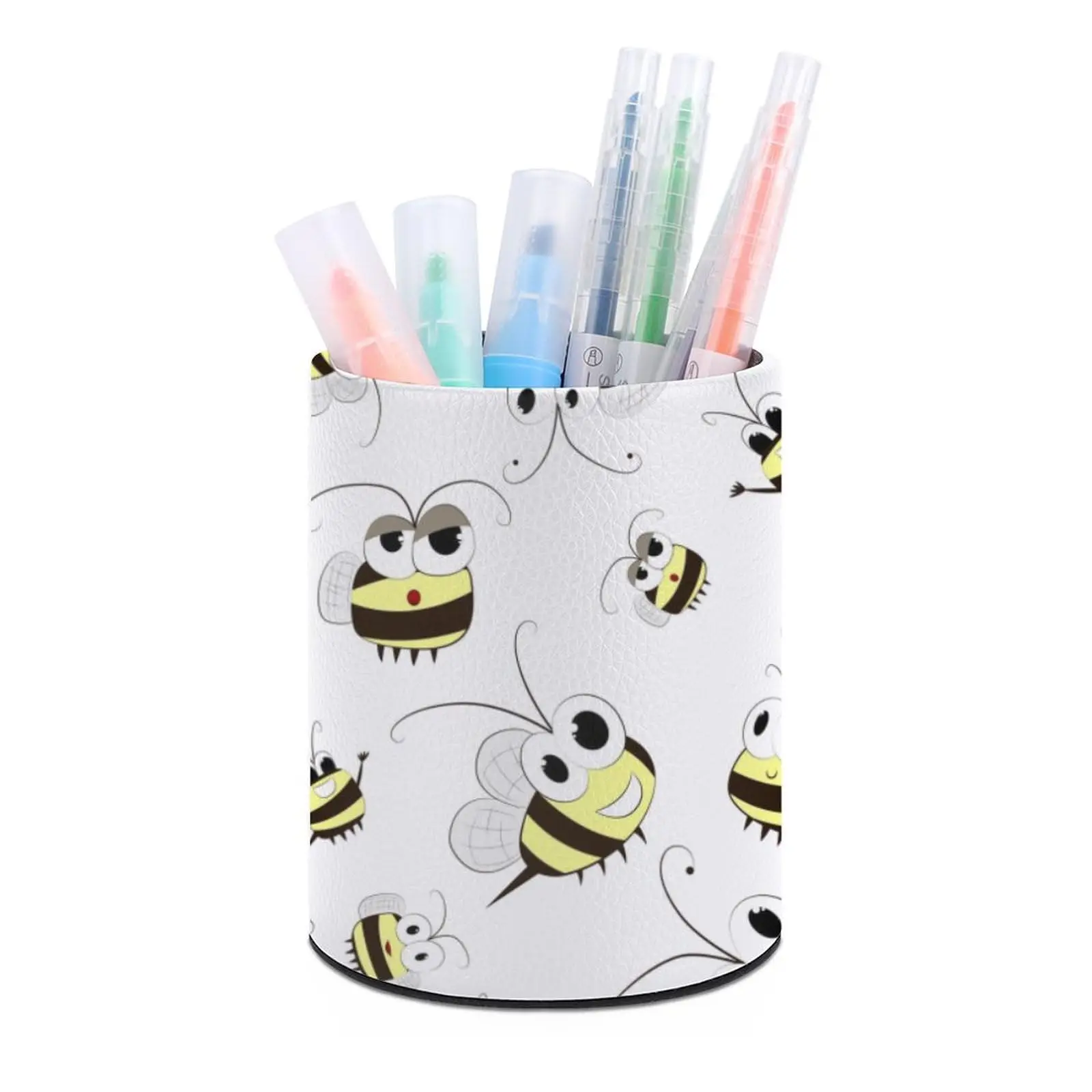 Bees Pattern PU Pencil Pen Holder Stationery Container Desk Organizer Storage Box for Home Office Woman Makeup Brush Holder