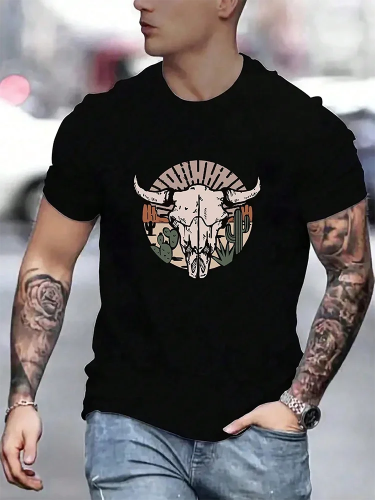 Vintage Western Bull Skull Graphic T-Shirt Retro Country Cowboy Casual Streetwear Short Sleeve Outdoor Fashion Tops