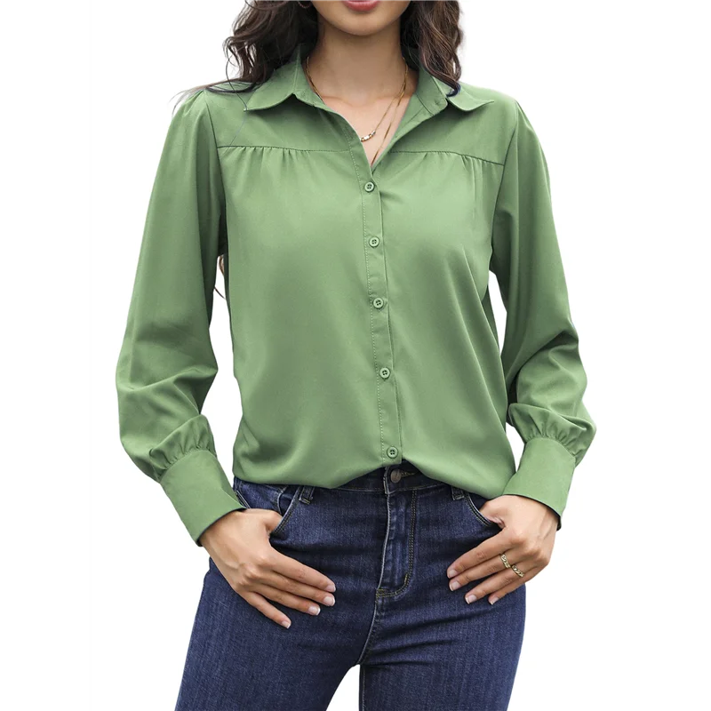 ASDS-Damska elegancka bluzka z długim rękawem, zapinana na guziki, z kołnierzykiem, elegancka plisowana bluzka do pracy