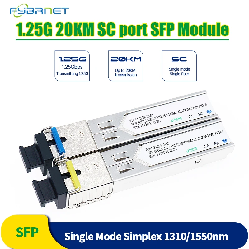 1.25G SC 20km Gigabit Optical fiber SFP SM Simplex LC Fiber Optical Module DDM Compatible With Cisco/Mikrotik Gigabit Switch