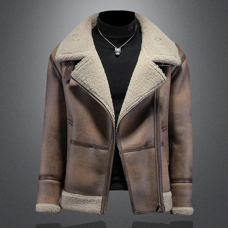 

Мужская утепленная замшевая куртка-косуха на молнии, теплая, свободного кроя, для зимы, повседневная, с длинными рукавами, на молнии