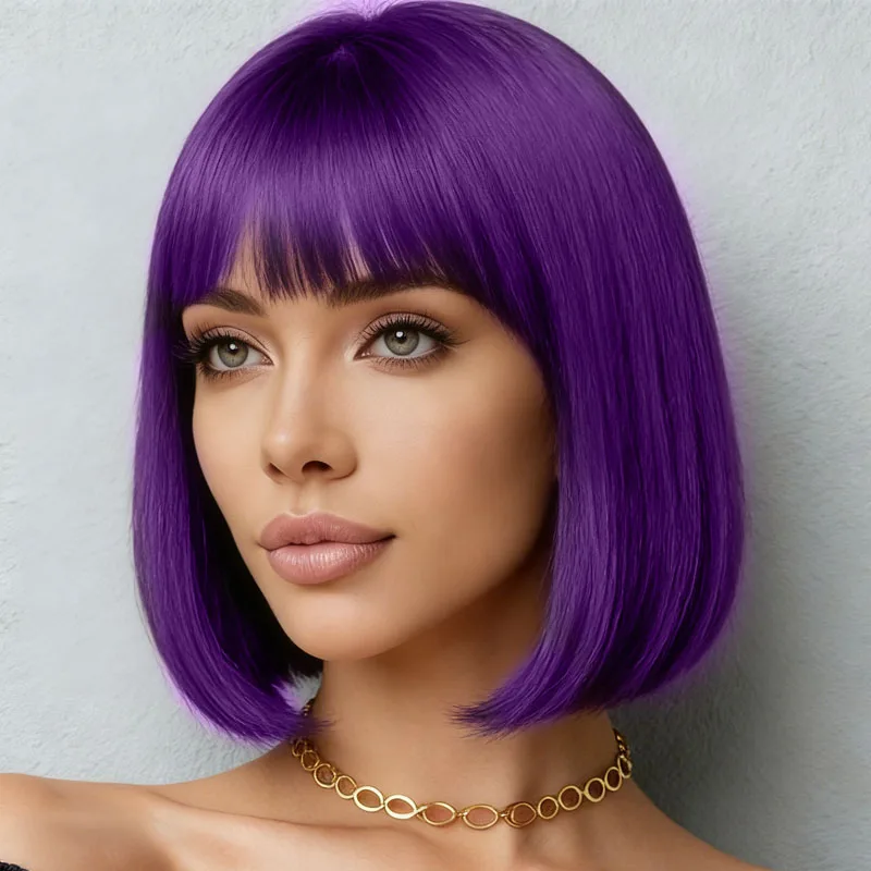 12 inch purple wig with bangs design, made of high-temperature fiber synthetic material, suitable for daily cosplay wear image 5