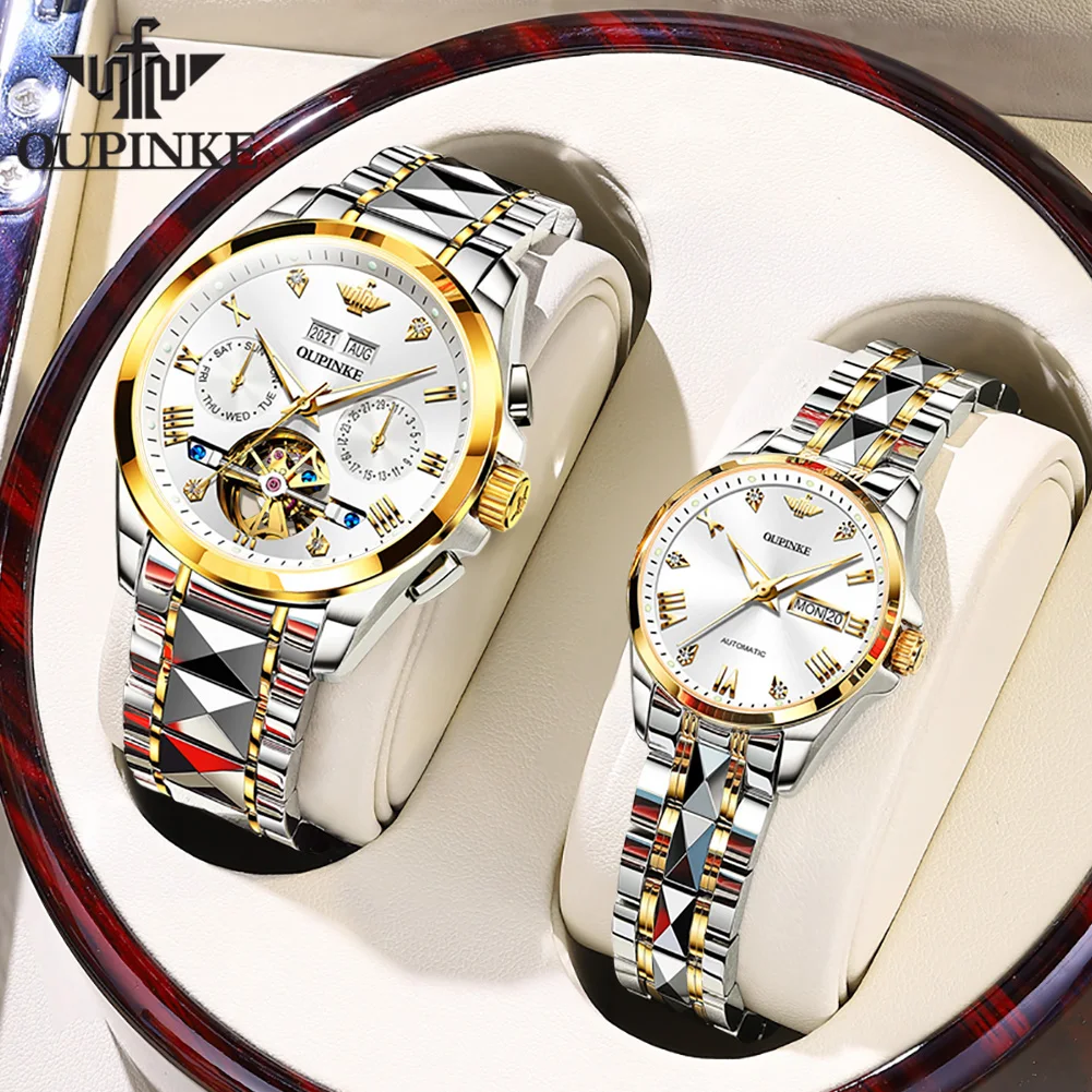 OUPINKE Couple Watch for Men and Women Luxury Brand Lover Watch Wedding Gift Multifunctional Waterproof Wristwatch Man and Lady