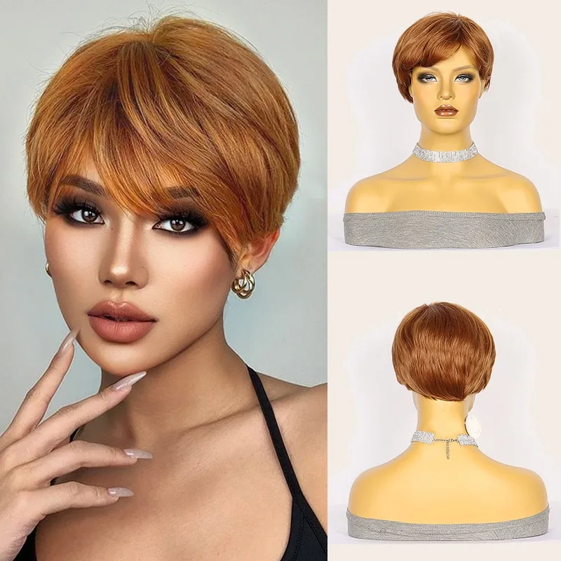 6inch women's fashionable short brown synthetic wig, side micro roll mechanism wig, suitable for women's use