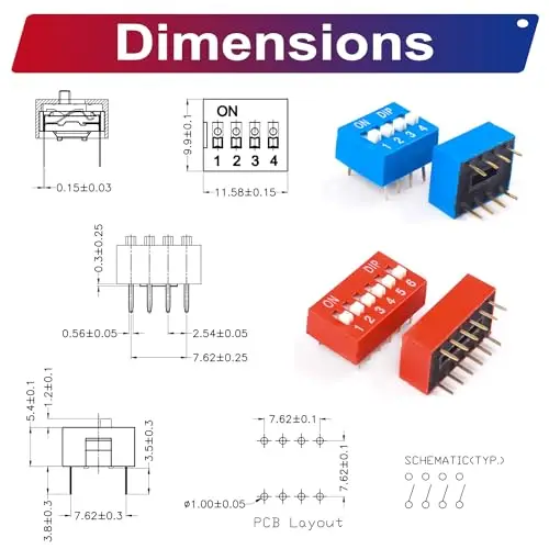 PCB 마운트용 DIP 스위치 모듬 키트, 듀얼 로우 레드 및 블루 온 오프 DIP 스위치, 2.54mm 피치, 1, 2, 3, 4, 5, 6, 7, 8, 9, 10 핀