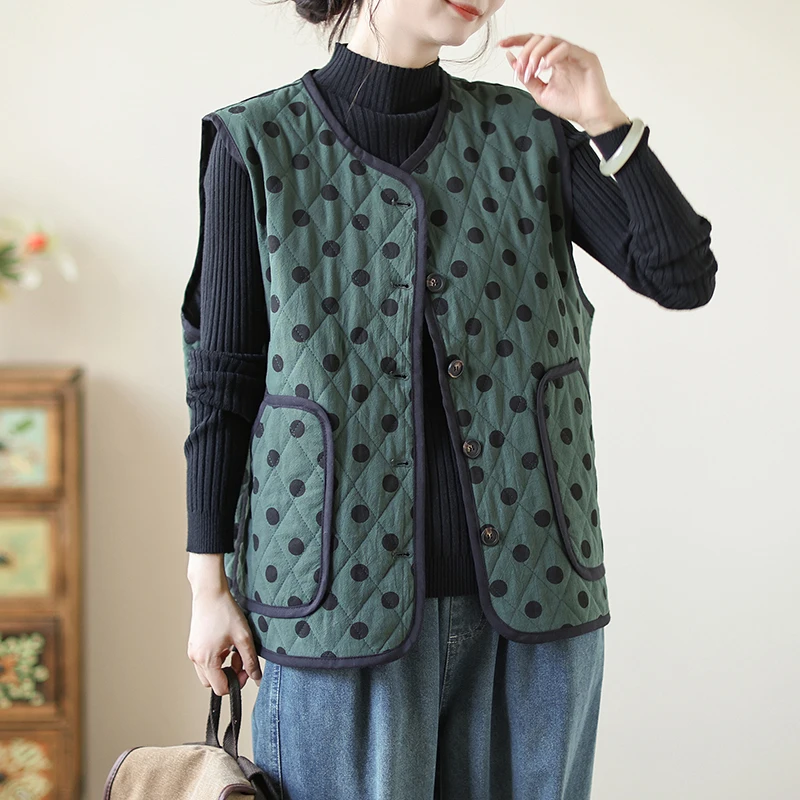 

Хлопковый льняной жилет в горошек в стиле ретро, женская зимняя верхняя одежда, теплый утягивающий полосатый жилет, топ, Thiened Commute Sle