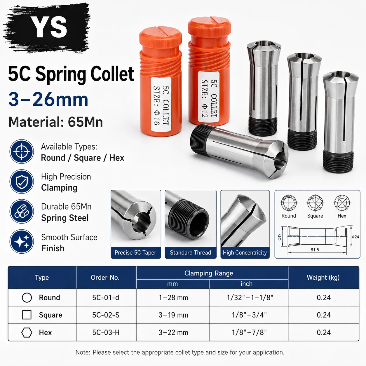 YS 1pcs 5C Round Hole Spring Collet 3-26mm CNC Lathe Milling Collet Chuck Square Hole Clamping Tool for Grinding Machine
