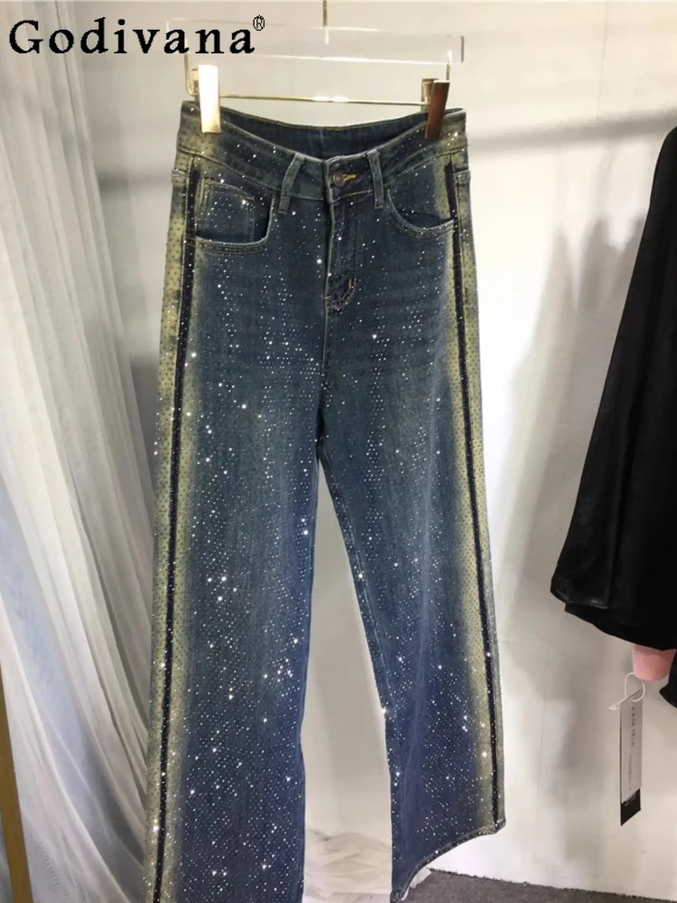 

European Heavy Industry Hot Diamond High Waist Elastic Jeans Women's 2025 New Spring Autumn Dark Blue Versatile Straight Pants