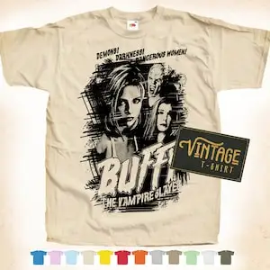 Czarny nadruk: BUFFY The Vampire Slayer V2 T shirt naturalne w stylu VINTAGE bawełniany plakat filmowy beżowy 12 kolorów wszystkie rozmiary