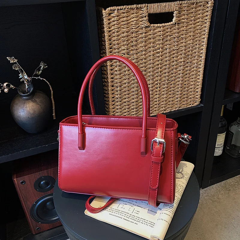 Simple Retro Burgundy Square Handbags Women Light Luxury Fashion PU Leather Shoulder Crossbody Bag New Elegant Lady Wedding Bags