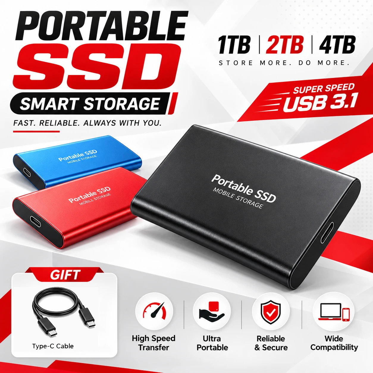 2TB External Hard Drive 1TB Portable SSD USB 3.1 High Speed Mobile Data Storage Hard Disk for Laptop Mac PC JJ4211