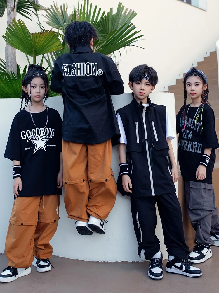 Teen Kids Jazz Dance Clothes Boys Black T Shirt Khaki Pants Girls Hip Hop Performance Costume Modern Dance Practice Wear BL12329