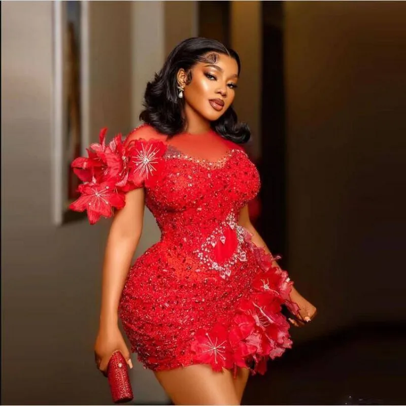Red Fashion Prom Dresses Crystals Floral Women Short Party Pageant Gowns Illusions Plus Size Custom Made Prom Dress Beading