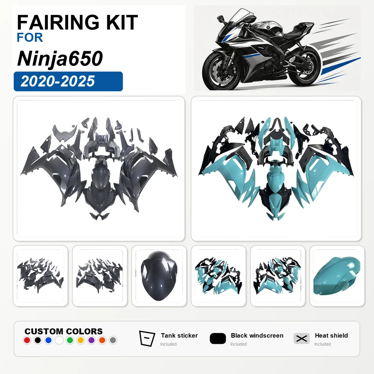 For Ninja650 2020-2025 Sportbike Fairing Kit ABS Plastic Custom Painted Fairings Bodywork Cowl Panels Carbon Fibre Color