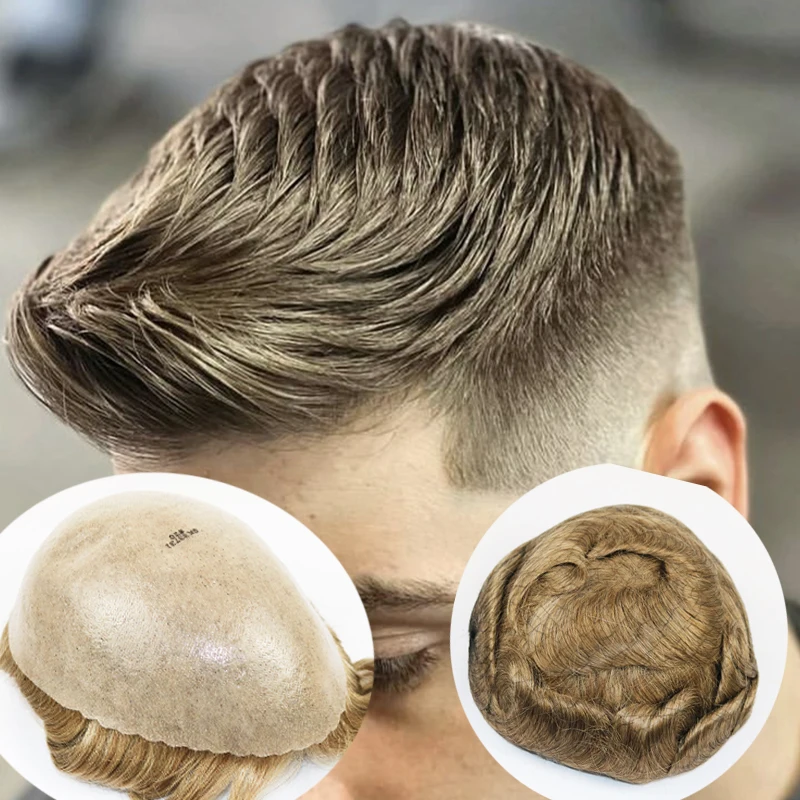 Toupees de cabelo super ultra humano para homens, peças européias completas de PU loiro platina, pele fina durável, 0,06mm-0,08mm, sistema V Loop