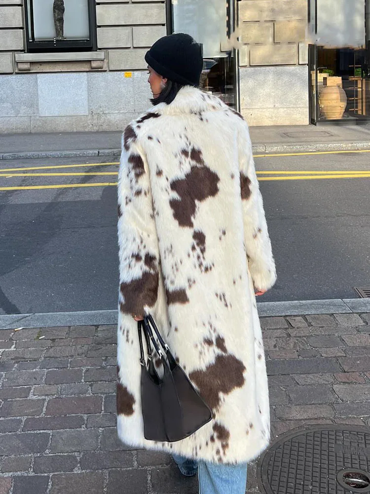 HH Woman Warm Thick Casual Animal Print Faux Fur Long Coats Women Winter Elegant Long Sleeve Lapel Single Breasted Jackets