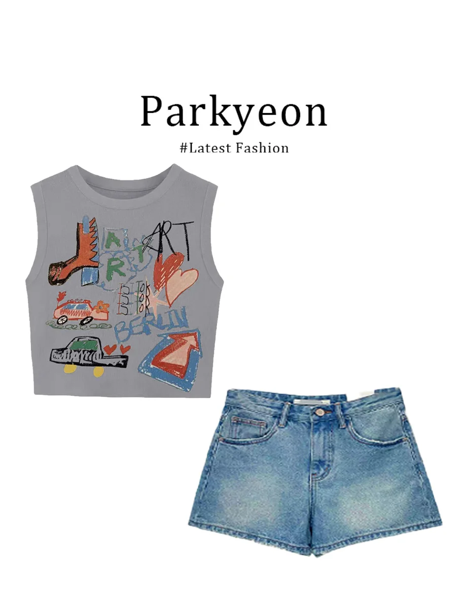 

Летний комплект Parkyeon: модный джинсовый топ без рукавов с мультяшным принтом и свободные шорты в стиле ретро для женщин