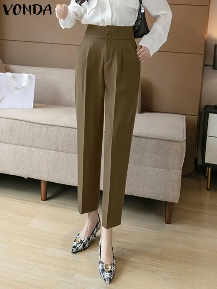 

VONDA Summer Long Pants Women Fashion High Waist Trouses 2024 Casual Loose Pockets Capris Loose Solid Color Harem Pants Oversize