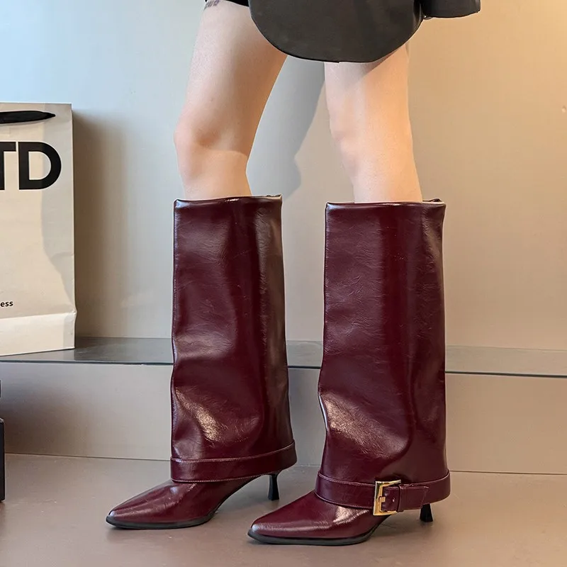 Chunk Leather High Boots Women Knee High Pointer Toe Heels Shoes Woman Trend Chelsea Boots New Pumps Mujer Snow Gladiator Botas