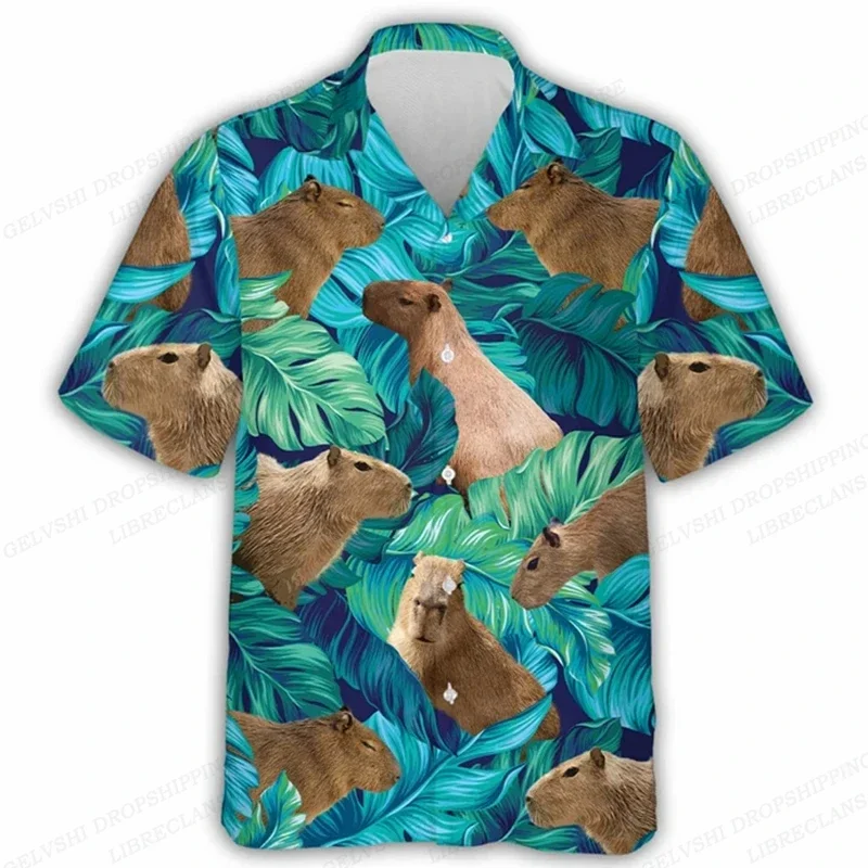 Capybara kemeja Hawaii hewan Pria Wanita musim panas blus pantai lengan pendek kemeja mode Floral Hawaii kerah lipat Aloha