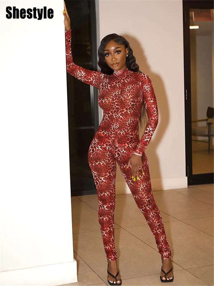 

Shestyle Sexy Mesh Red Leopard Jumpsuit Women Backless Mock Neck Bandage Sheer Tight Workwear Animal Printing Hipster Fitness