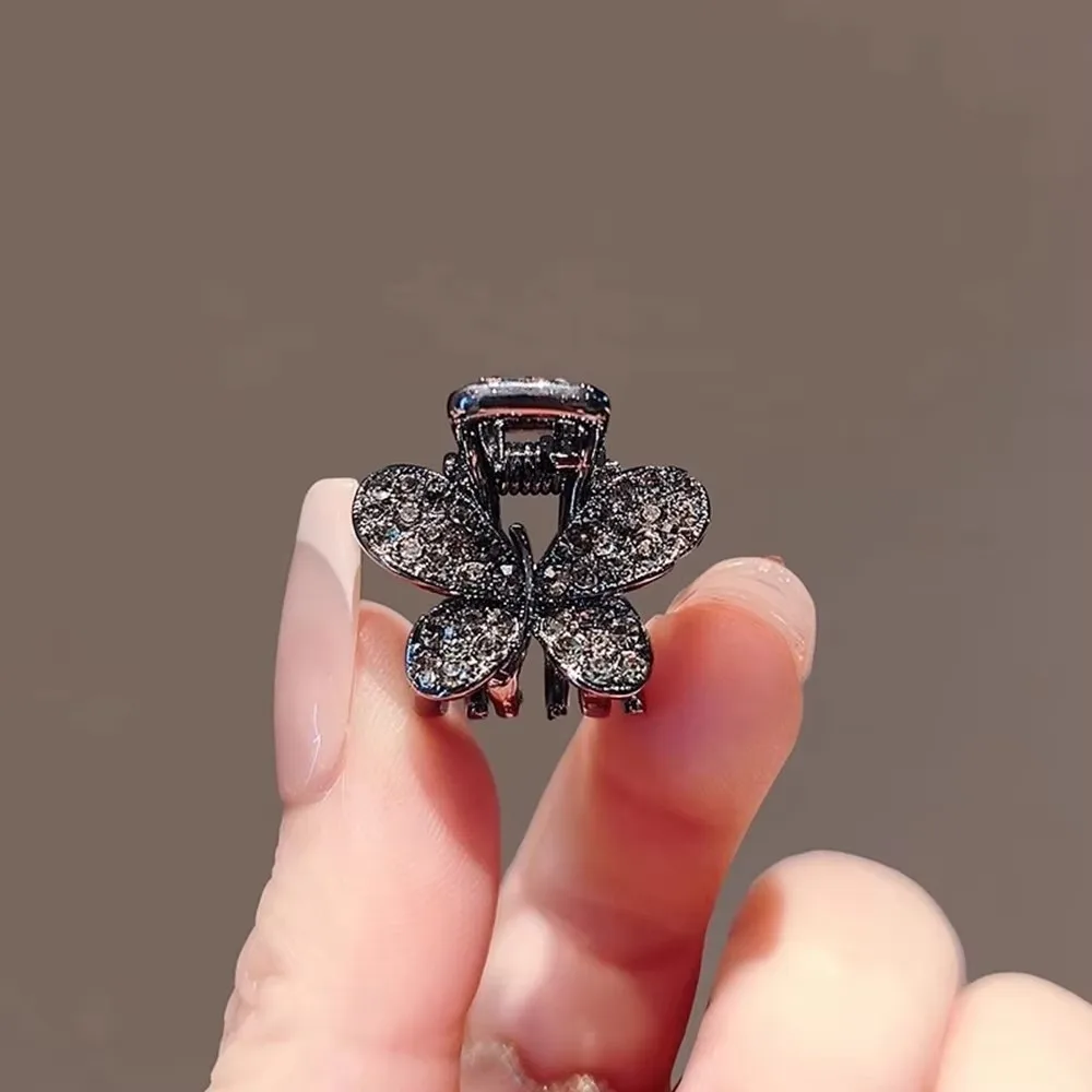 Gunmetal Double Prong Claw Clip with Pave Rhinestone Butterfly-Shaped Ornament