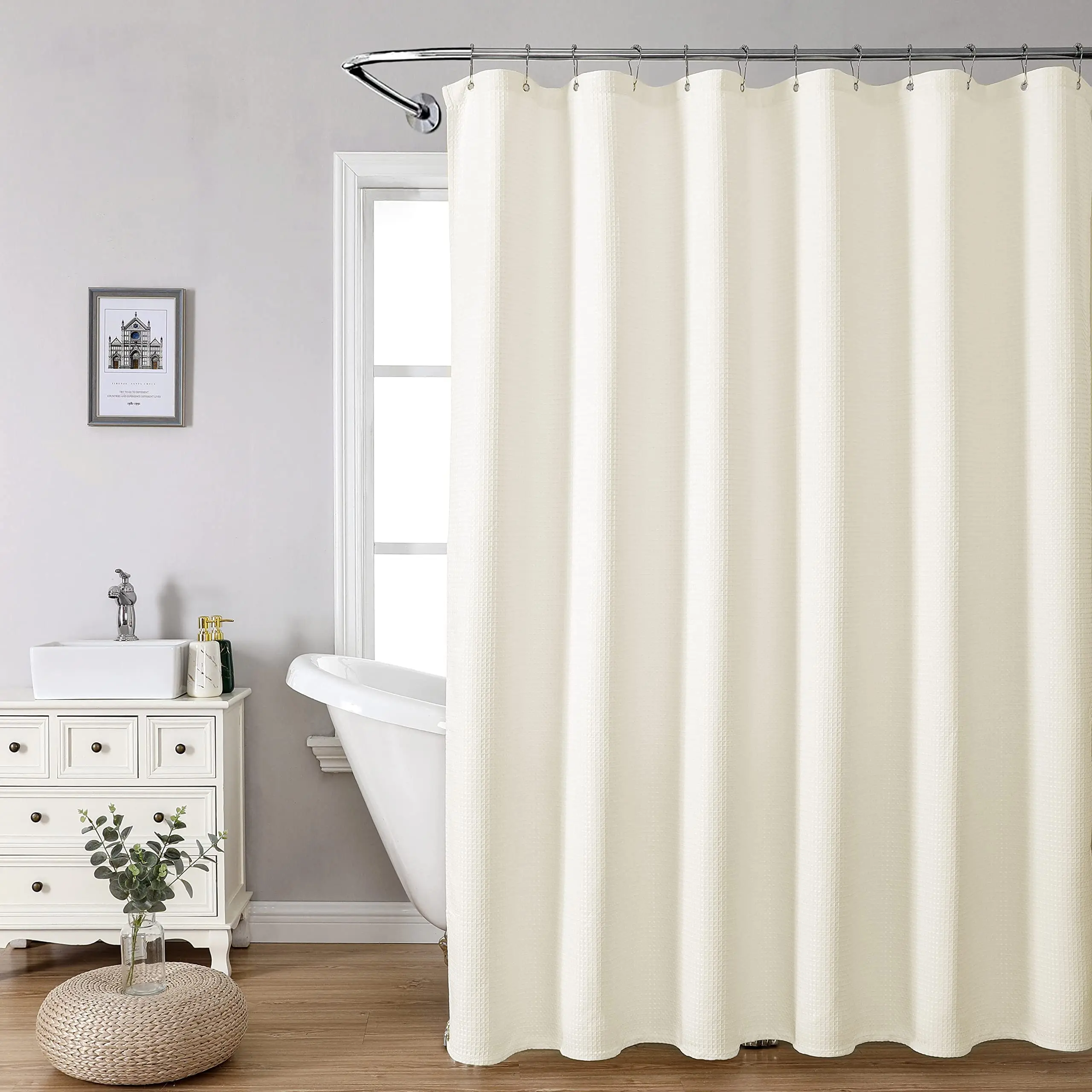 Fabric White Shower Curtain for Bathroom Spa Hotel Luxury Matt Waffle Weave Square Design Water 72\