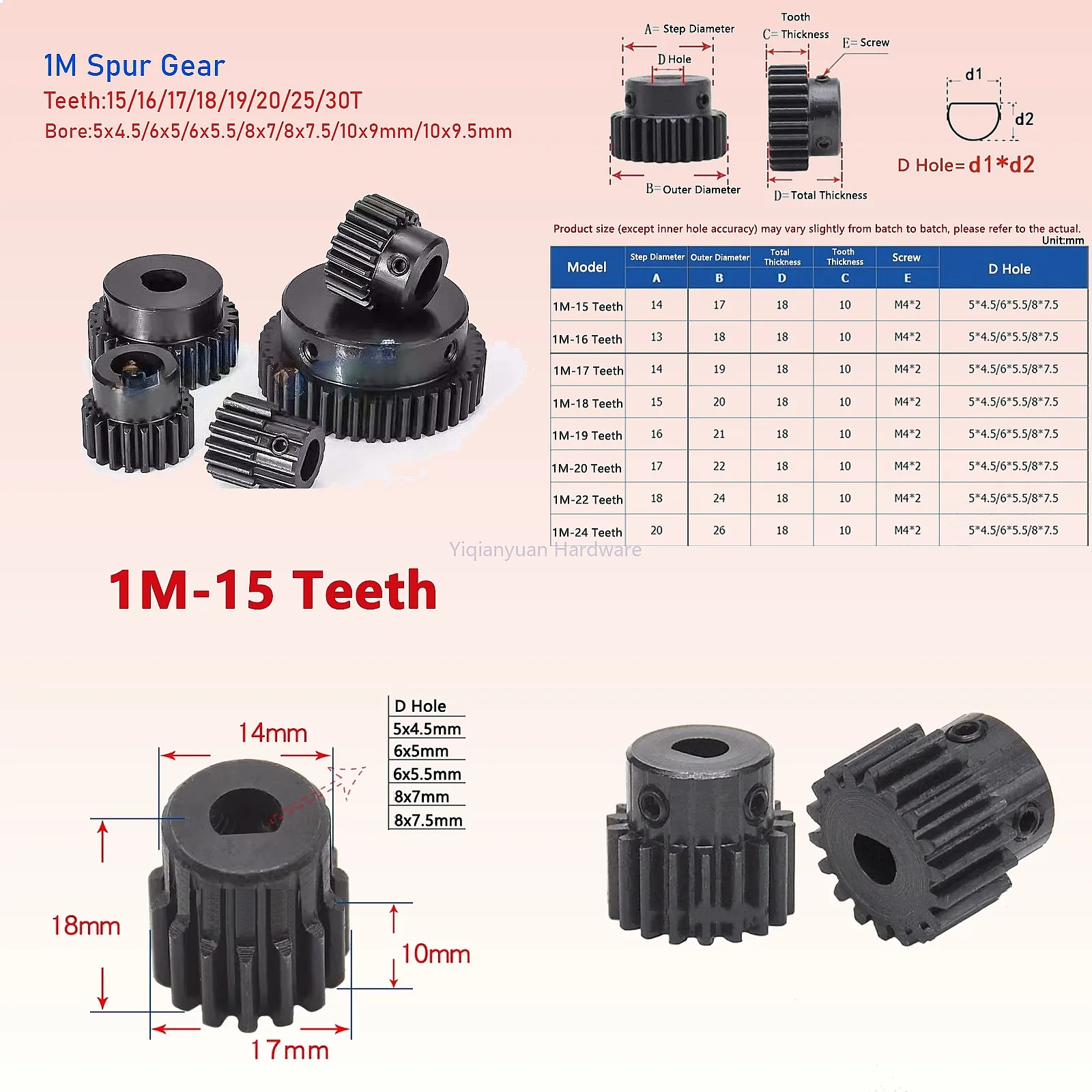 Yiqianyuan 1piece 1 Mode D Hole Spur Gear 15-30 Teeth 45# Steel Metal Motor Concave Table Gear Mechanical Transmission