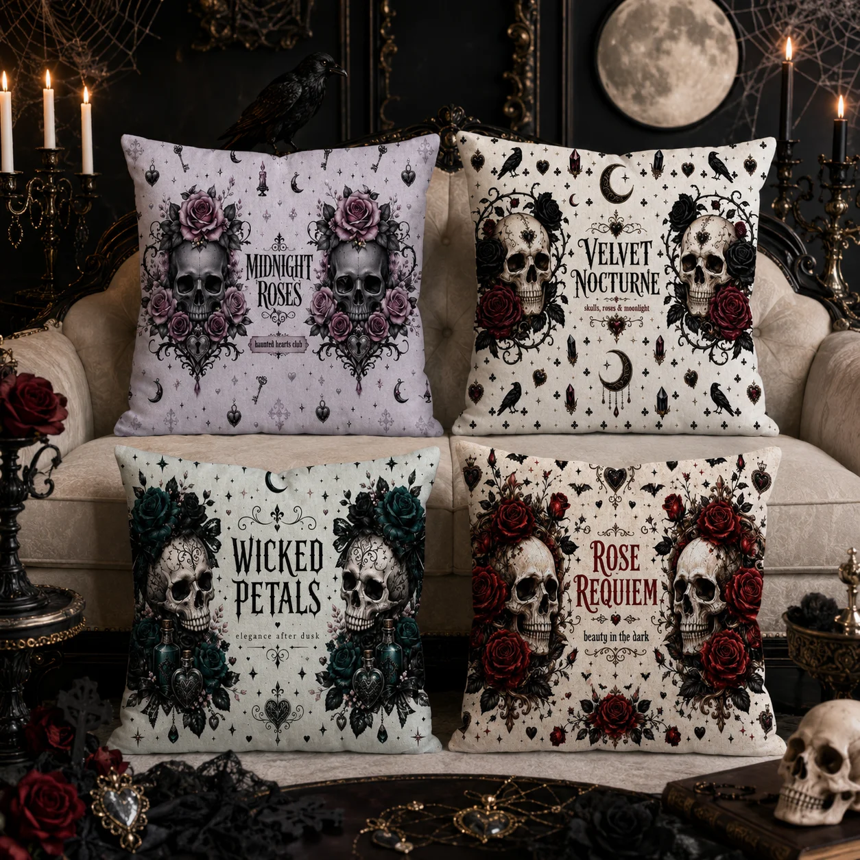 Gothic Skull Rose Aesthetic Cushion Cover Double-Sided Plush Sofa Cushion Covers Organic Breathable Invisible Zipper