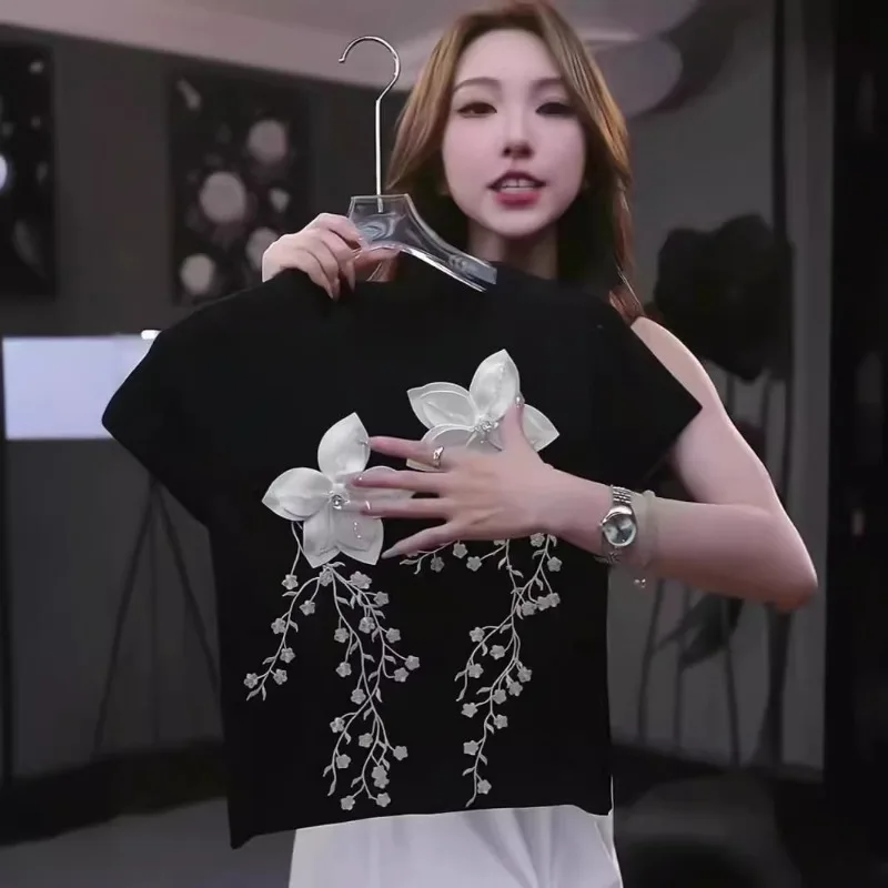 Jerséis informales de moda para mujer, suéter tejido de manga corta con cuello redondo y apliques, suelto para mujer, novedad de primavera y verano 2025