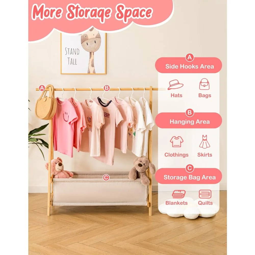 Kids Bamboo Clothing Rack with Storage Box, Multi-functional Hanging Organizer for Dance Costumes and Dress Up