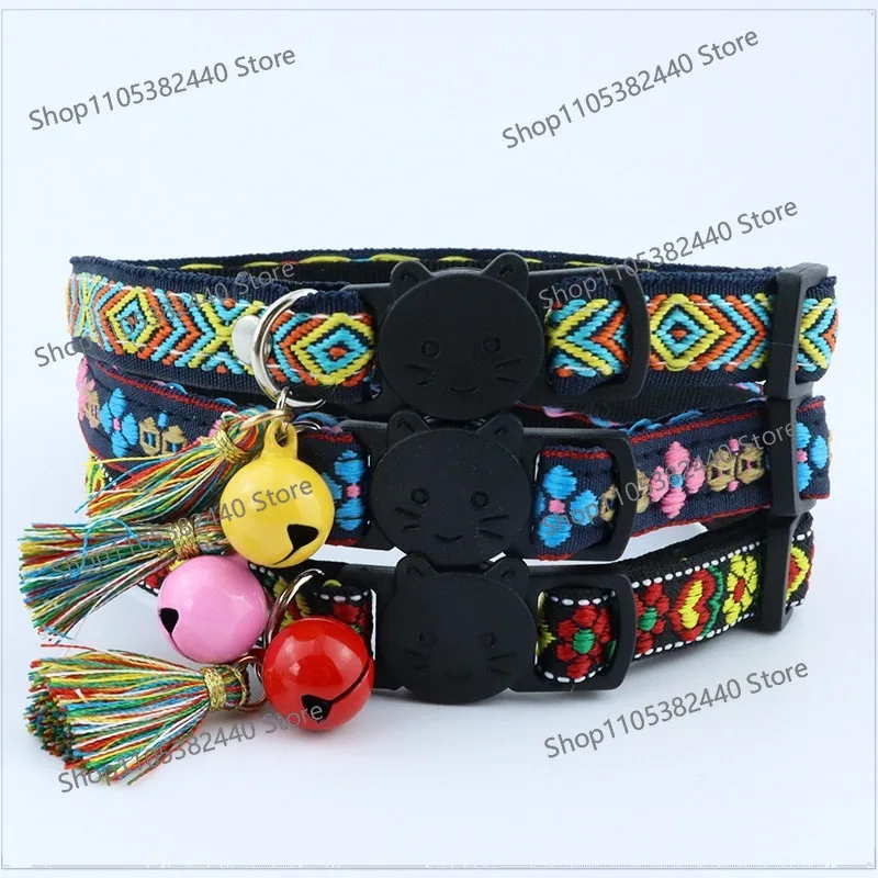 Cat Collar Adjustable Polyester Jacquard Pattern Pet Collar with Bell and Tassel Decoration for Cats and Small Dogs To Keep Lost