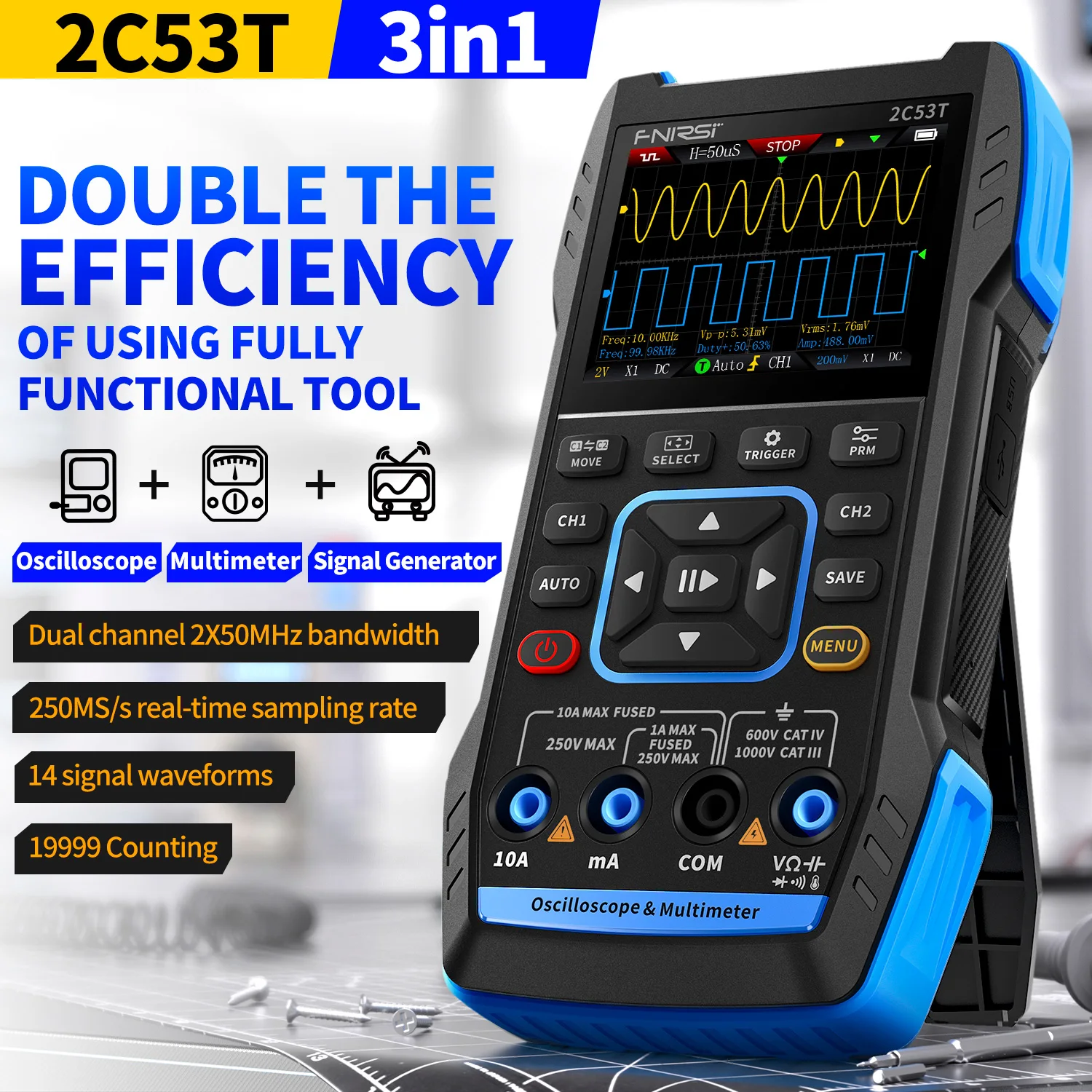 FNIRSI 2C53T 2C23T Upgrade 3in1 Oscilloscope Multimeter Signal Generator 50MHz Bandwidth 250MS Rate Dual Channel 20000 Counts