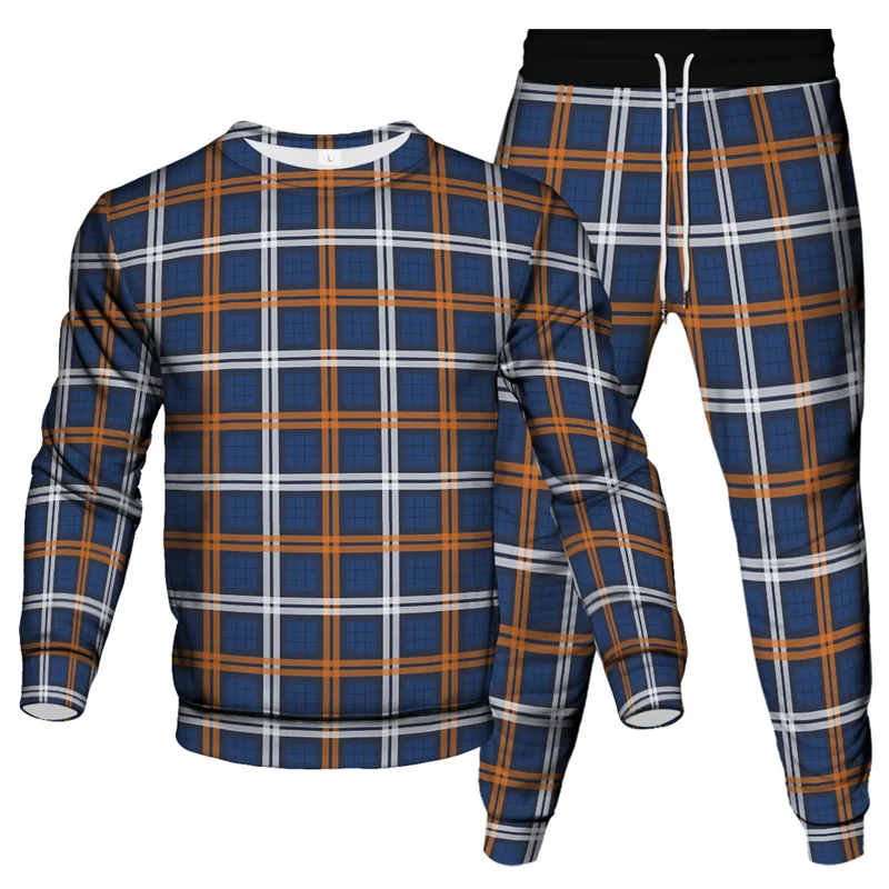 Houndstooth Lattice Pattern Print Tracksuit Men Fashion Clothing Suit Outdoor Casual Sweatshirt Jogging Pants 2 Piece Sport Sets